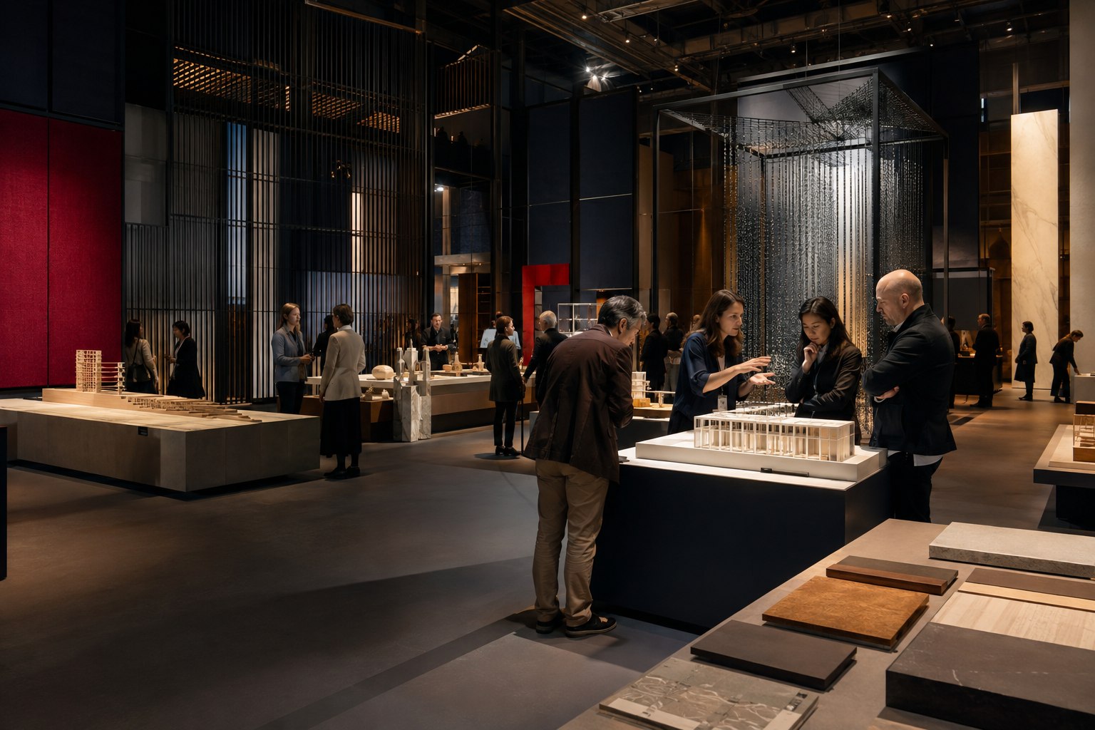 Architects and jurors reviewing work at a contemporary international design exhibition